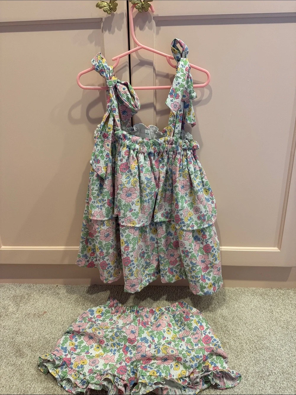 Floral Tiered Ruffle Tank and Shorts Set - Pink, Green, Yellow